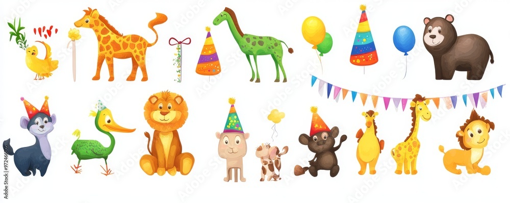 The safari theme includes monkeys, foxes, giraffes, and tigers. The illustrations can be edited and used for birthday invitations, postcards, and stickers. The safari theme includes monkeys, foxes, giraffes, and tigers. The illustrations can be edited and used for birthday invitations, postcards, and stickers.