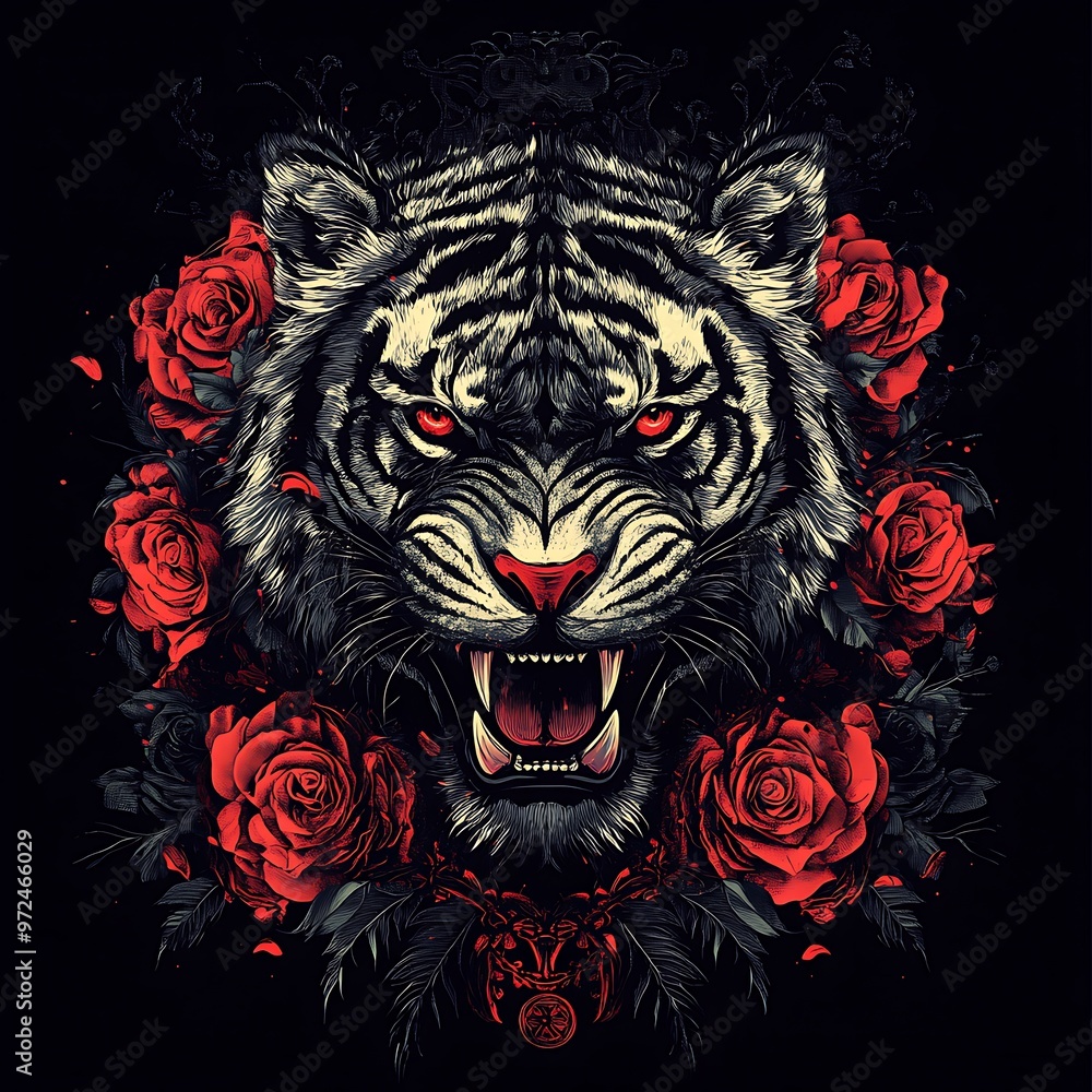 A snarling white tiger surrounded by red roses on a black background A snarling white tiger surrounded by red roses on a black background