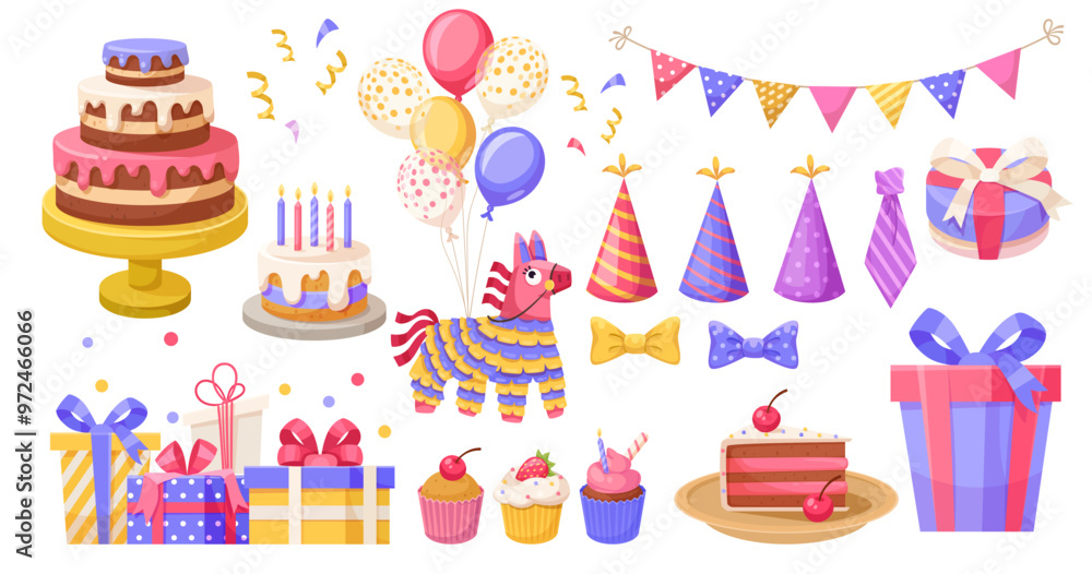 A set of birthday celebration elements including cakes, balloons, gifts, and party hats on a white background. Concept of festive decorations. Vector illustration A set of birthday celebration elements including cakes, balloons, gifts, and party hats on a white background. Concept of festive decorations. Vector illustration