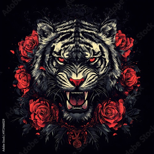 A snarling white tiger surrounded by red roses on a black background