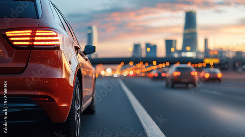 A red car on a highway at dusk with blurred city lights in the background, conveying motion and urban life.