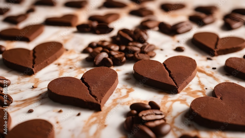 Fototapeta premium Heart shapes made from powdered chocolate on a marble slab with coffee beans around