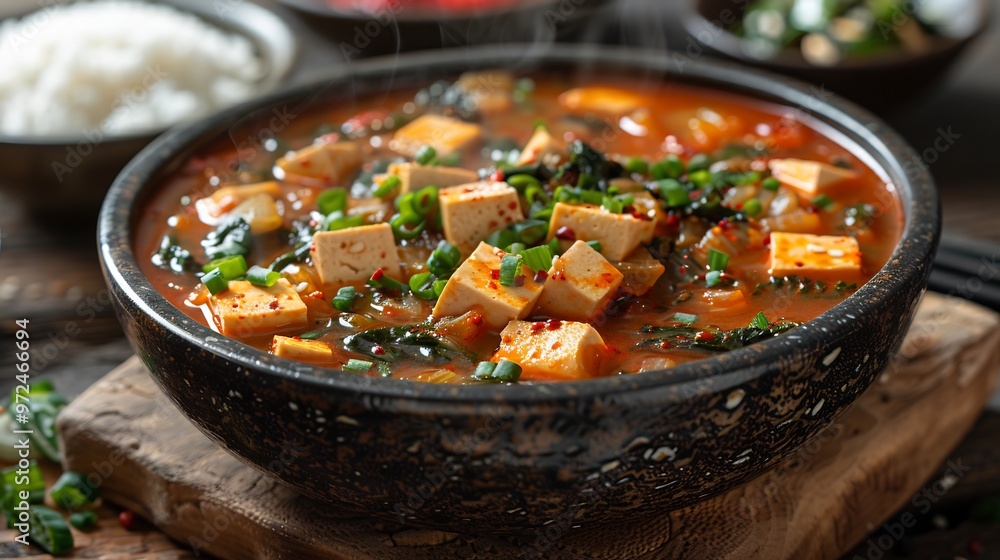 Steaming bowl of Korean kimchi stew with tofu pork and a spicy broth served with rice and side dishes Steaming bowl of Korean kimchi stew with tofu pork and a spicy broth served with rice and side dishes