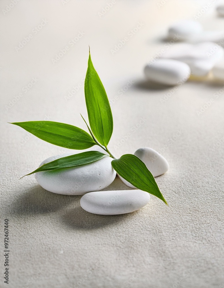 Green bamboo leaves resting on smooth white stones against a neutral background, conveying peace, simplicity, and natural balance. Green bamboo leaves resting on smooth white stones against a neutral background, conveying peace, simplicity, and natural balance.