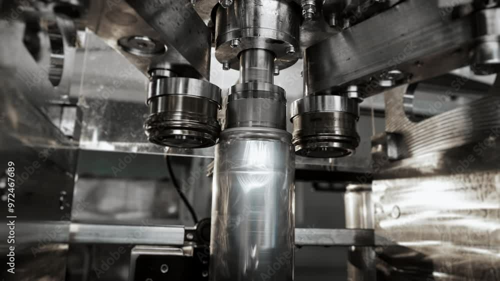 Production line for bottling drinks and beer at the plant. The process of automatic canning of beer cans. Aluminum cans for drinks. Beverage production and bottling plant. Production line for bottling drinks and beer at the plant. The process of automatic canning of beer cans. Aluminum cans for drinks. Beverage production and bottling plant.
