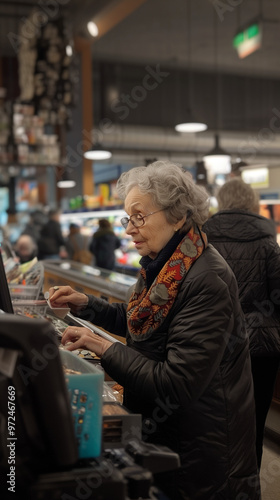 Elderly woman smiling in a busy market setting, wearing a colorful scarf.