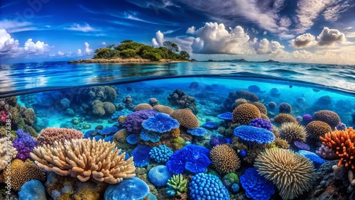 Across the shoreline, a radiant blue carpet of organisms bursts forth, a kaleidoscope of color and energy. photo