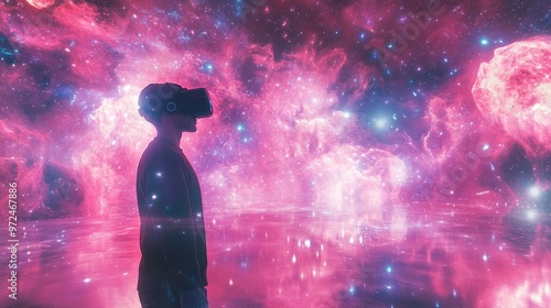 A person wearing VR headset looking at a galaxy view.