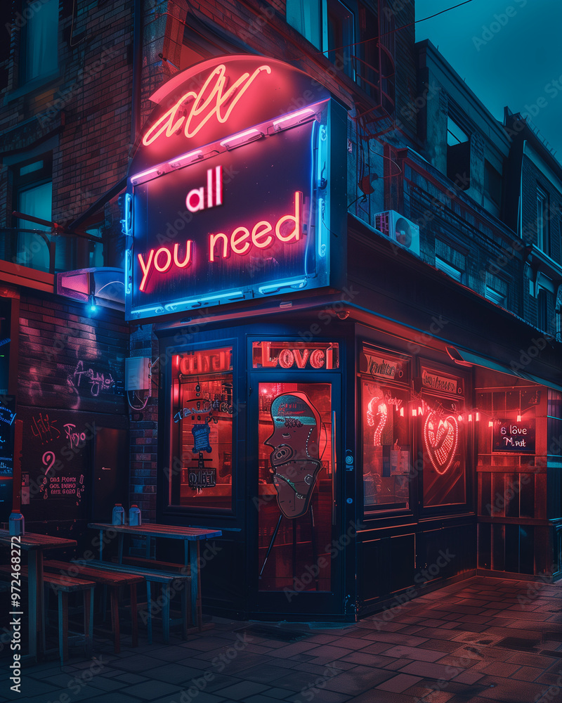 A neon-lit bar or café at night, featuring signs with glowing text and a cozy, urban atmosphere. A neon-lit bar or café at night, featuring signs with glowing text and a cozy, urban atmosphere.