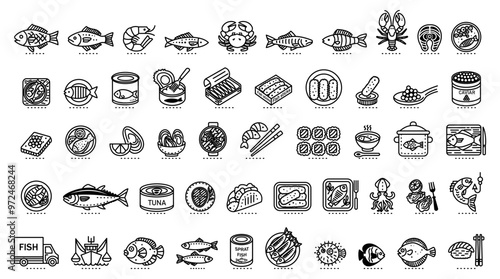 Collection of various fish and seafood icons. Simple black and white graphic style on a white background. Concept of seafood. Vector illustration photo