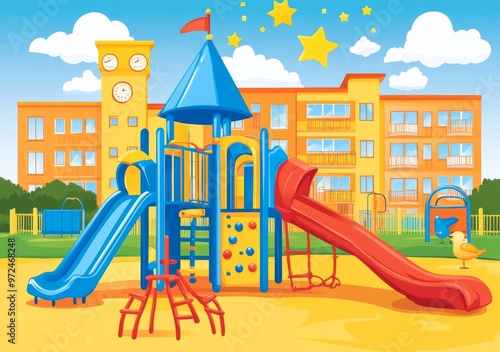 Wallpaper Mural The Playground for Little Ones in the Amusement Park with Swings, Slides, Climbing Ladders and More in Flat Cartoon Illustration Torontodigital.ca