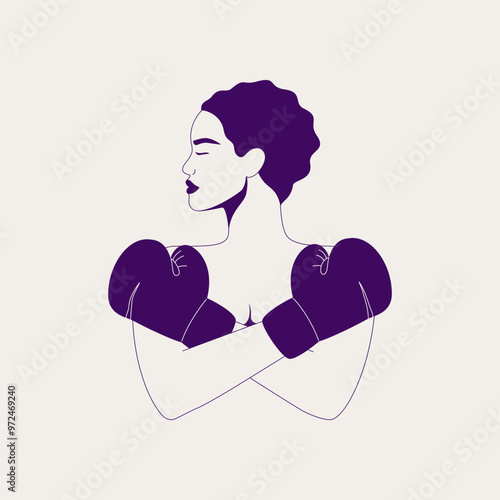 Stop Violence against women banner with silhouette of strong woman in boxing gloves. Domestic abuse and sexual harassment. Vector illustration