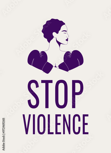 Stop Violence against women banner with silhouette of strong woman in boxing gloves and text. Domestic abuse and sexual harassment. Vector illustration