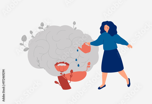 Mind care and mental health concept. Happy woman watering human brain in bloom. Psychotherapy support for good thoughts and mindset. Prevention neuro illnesses. Vector illustration