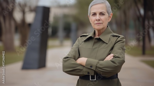 Confident Senior Woman in MilitaryStyle Outfit Standing in Contemporary Park Setting photo