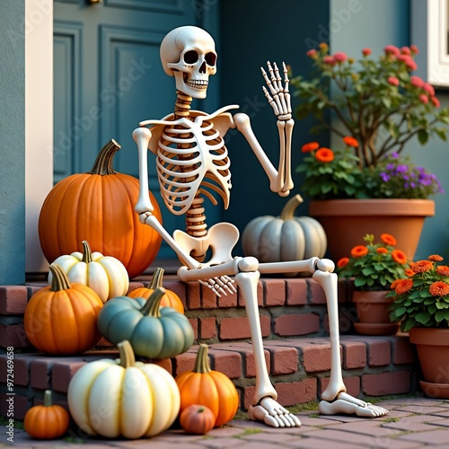 Halloween skeleton sitting on porch with pumpkins and flowers for festive outdoor fall yard decor #972469658