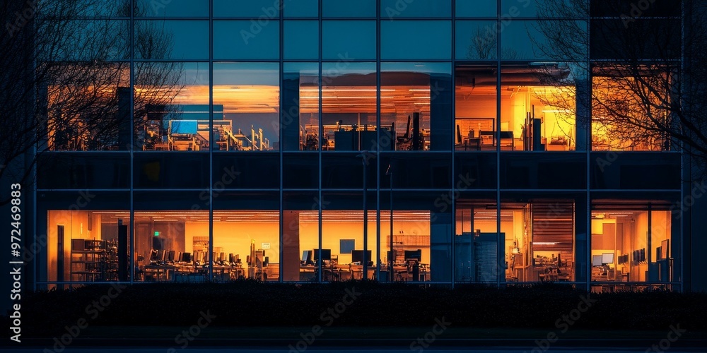 Nighttime view of a brightly lit office building. Nighttime view of a brightly lit office building.