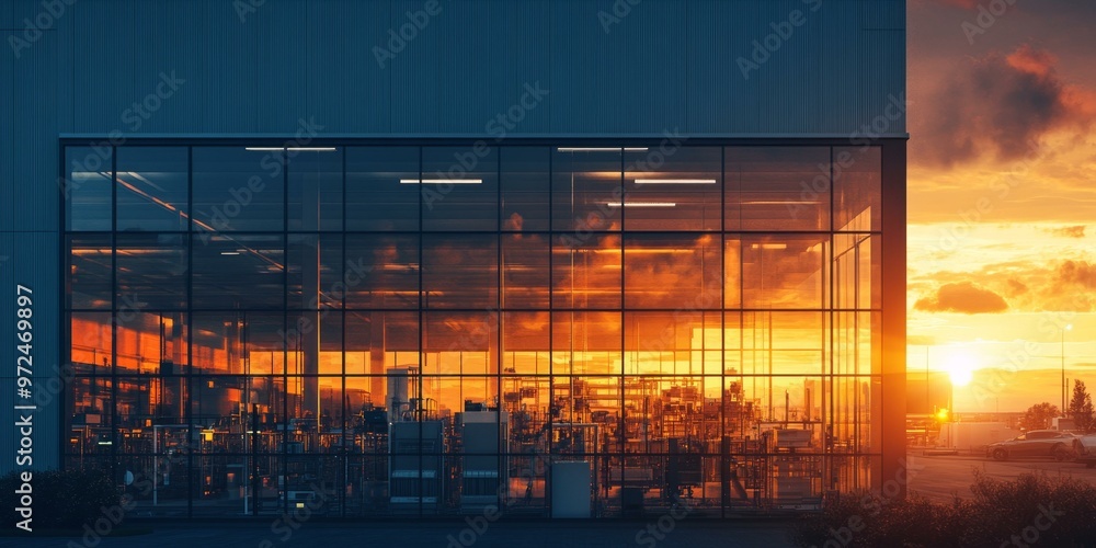 Obraz premium Sunset reflected in a building's glass facade.