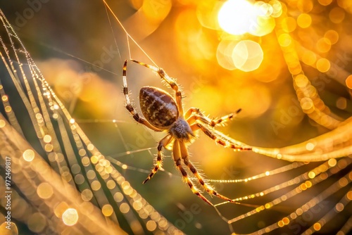 A tiny spider clings to a delicate strand of silk, suspended in mid-air, its intricately patterned body glistening photo