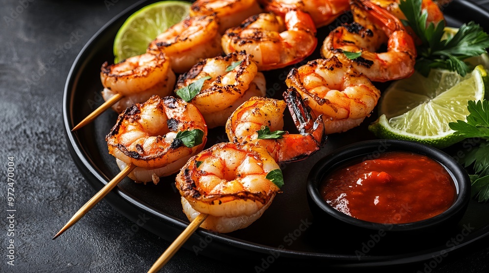 Grilled shrimp skewers with lime wedges and chili sauce. Grilled shrimp skewers with lime wedges and chili sauce.
