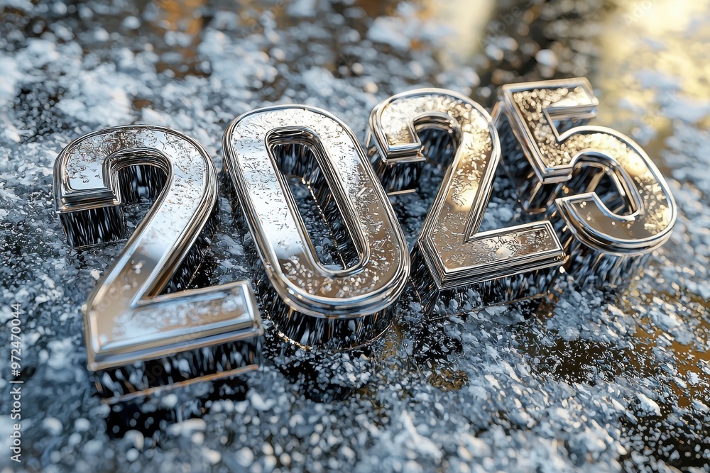 Metallic 2025 number sculpture against icy frozen background Metallic 2025 number sculpture against icy frozen background