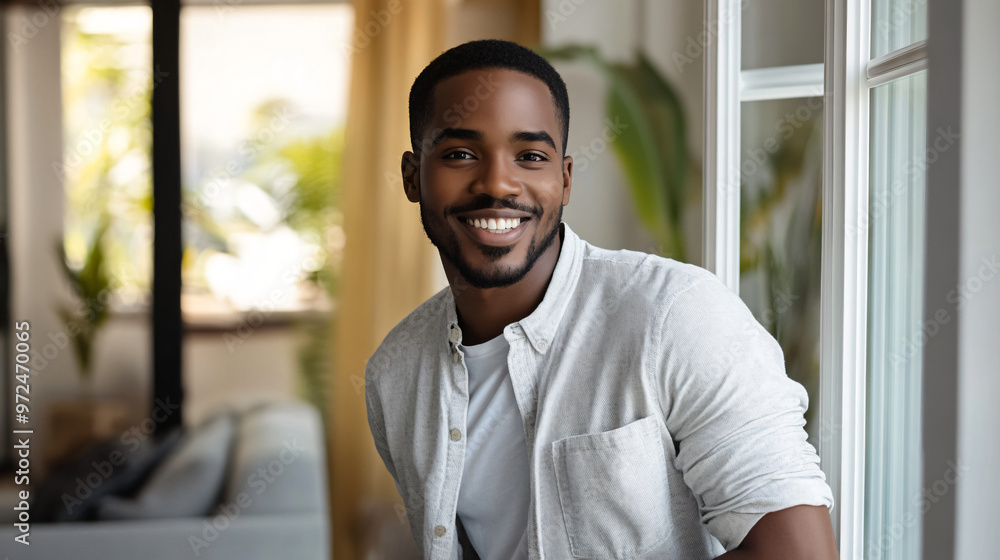 Young man stands smiling in the modern living room of his apartment Young man stands smiling in the modern living room of his apartment