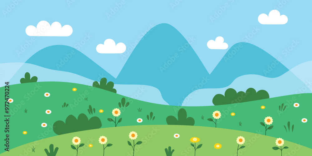 Bushes and mountains landscape icon in flat style. Spring green hills vector illustration on isolated background. Nature with flowers and plants sign business concept. Bushes and mountains landscape icon in flat style. Spring green hills vector illustration on isolated background. Nature with flowers and plants sign business concept.