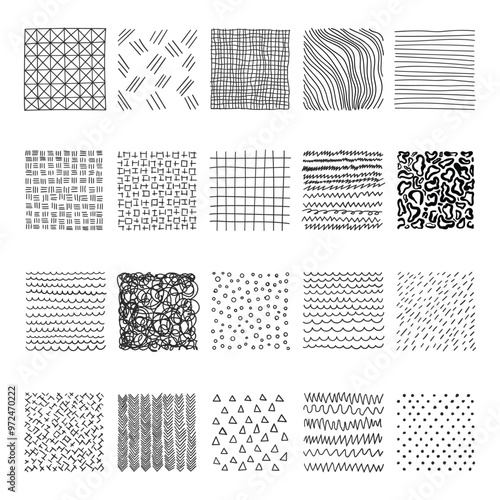 Hand drawn patterns in square icons set in flat style. Doodle sketch vector illustration on isolated background. Chaotic random waves sign business concept.