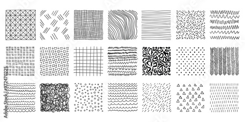 Hand drawn patterns in square icons set in flat style. Doodle sketch vector illustration on isolated background. Chaotic random waves sign business concept.