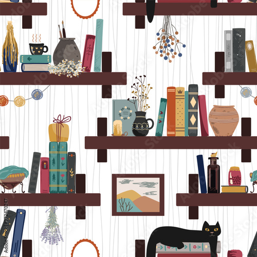 Seamless pattern with vintage books, cat, hot drink mug, and different retro things. Old and mysterious interior. Standing books wall background. Home library