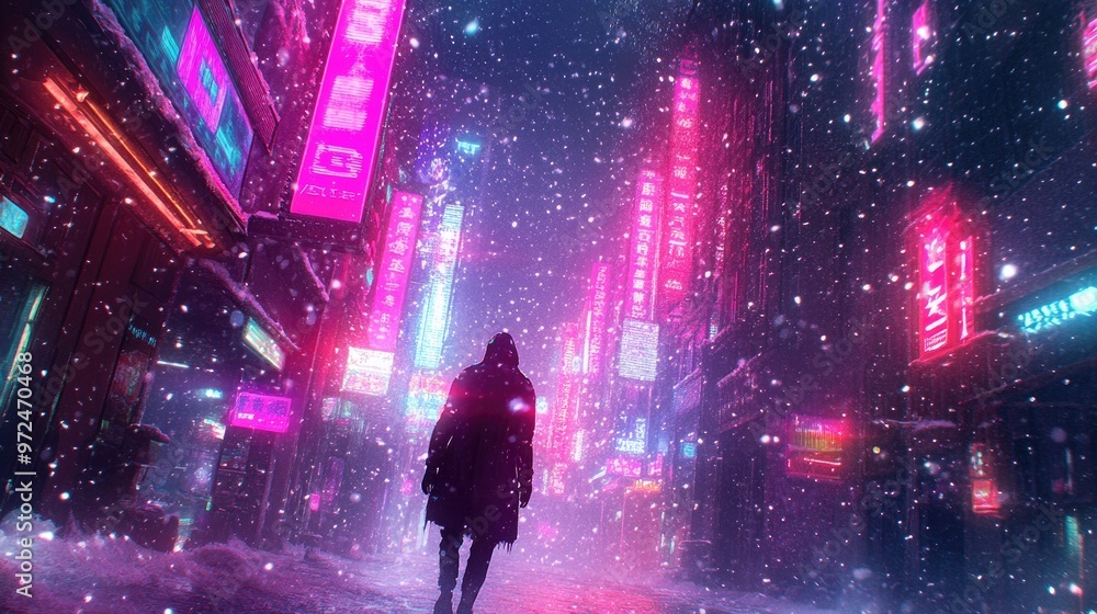 A lone figure walks through a snow-covered city street at night, illuminated by vibrant neon signs.