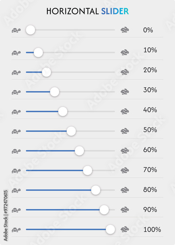 Loading wait horizontal bar slider icon set 0-100% with 10% difference in blue color. Percentage infographics icon set.