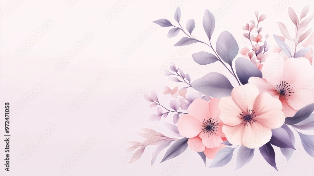 Obraz premium A beautiful arrangement of soft pink flowers and delicate leaves on a gentle background, perfect for floral designs and wallpapers.