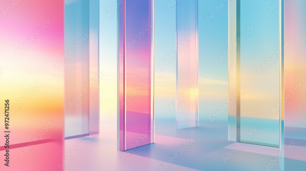 A vibrant abstract setting with colorful glass panels reflecting a pastel sunset sky at dusk A vibrant abstract setting with colorful glass panels reflecting a pastel sunset sky at dusk