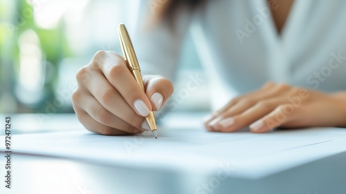 A close-up of a hand elegantly writing on a piece of paper with a golden pen, capturing the essence of creativity and focus.