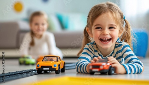 Happy little girl playing with toy cars on the floor. photo