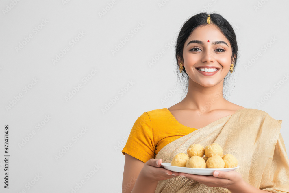 young indian woman holding ladoo plate on white background young indian woman holding ladoo plate on white background