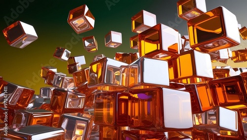 A bunch of amber colored glass cubes are scattered all over the background