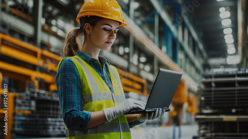 female engineer working on laptop at industrial factory