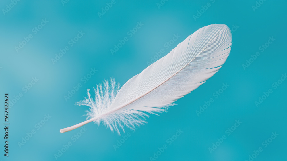 A delicate white feather floats gracefully against a serene blue background, symbolizing purity and lightness. A delicate white feather floats gracefully against a serene blue background, symbolizing purity and lightness.
