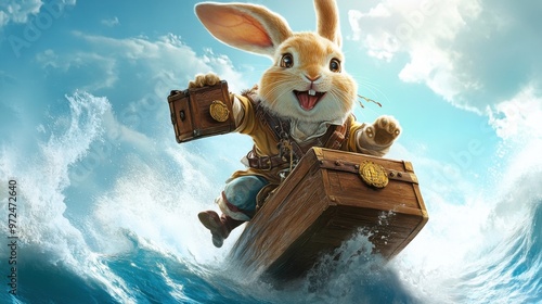 Whimsical Pirate Rabbit Sailing on Ship with Treasure, Fantasy Adventure with Ocean Waves
