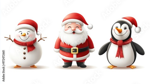 Vector illustration of Santa Claus, snowman, and penguin, each in a funny pose, isolated