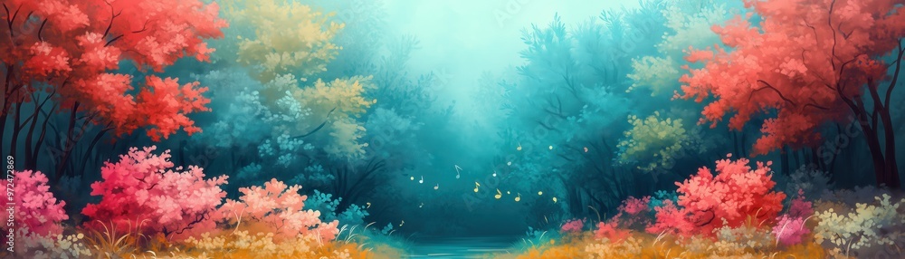 Obraz premium A serene landscape featuring vibrant autumn foliage in beautiful hues, with a tranquil atmosphere inviting exploration and reflection.