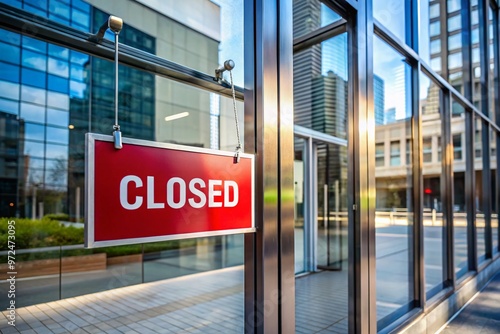 A vacant entrance with a bold red sign reading "Closed" hangs on the glass door of a modern,