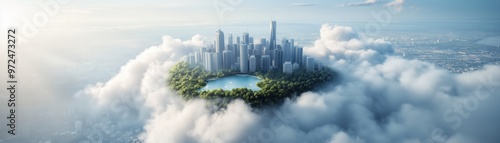 A stunning aerial view of a futuristic city nestled among clouds, showcasing nature's harmony with urban architecture.