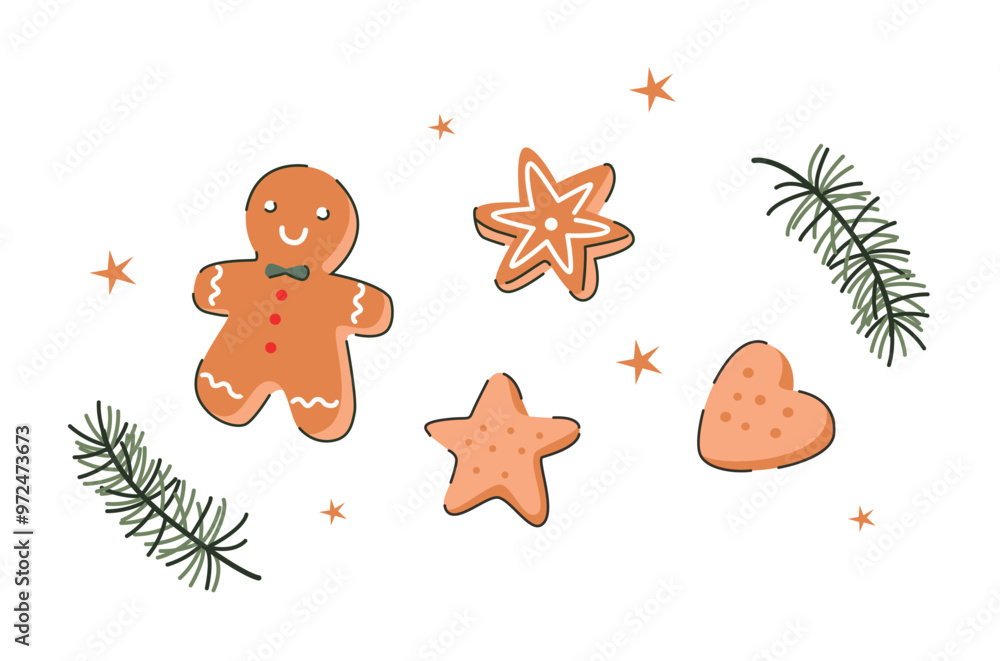 Fototapeta premium Gingerbread&nbsp;and cookies. Christmas pastry illustration with fir branches.