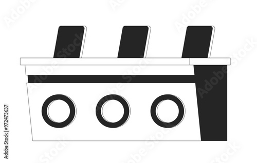 Judges panel table with vote signs and chairs black and white 2D line object. Talent show equipment isolated clip art vector outline item. Contest moderators seating. Monochromatic spot illustration