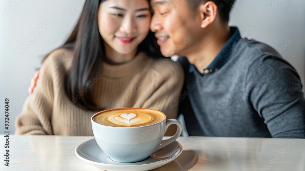 Romantic couple enjoying coffee with latte art heart in cozy cafe.. Romantic couple enjoying coffee with latte art heart in cozy cafe..