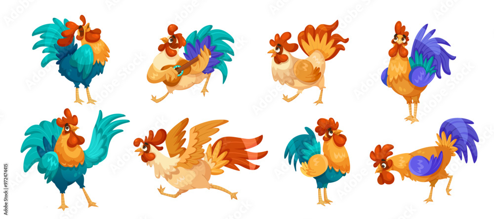 Fototapeta premium A set of cartoon roosters in different poses, including playing guitar and flying, on a white background. Concept of farm animals, humor, and animation. Vector illustration