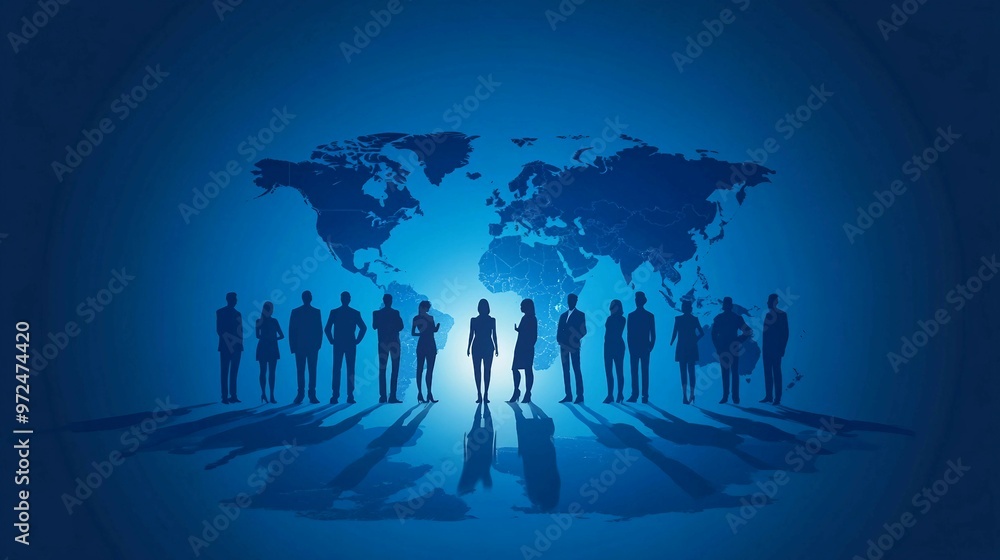 Collaborative Global Business Team Silhouettes against World Map Background - Concept of International Partnership and Unity Collaborative Global Business Team Silhouettes against World Map Background - Concept of International Partnership and Unity